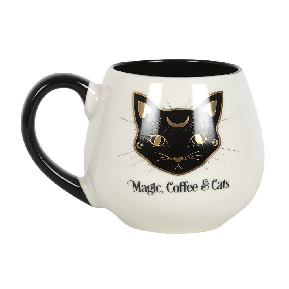 Tasse ronde avec motif magique, café et chats